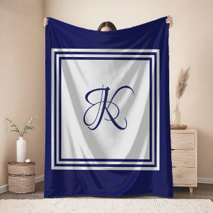 Elegant blue grey square pattern initial monogram fleece blanket