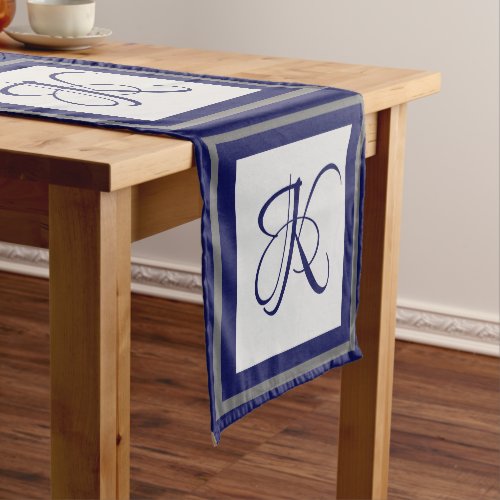 Elegant blue grey square pattern initial monogram short table runner