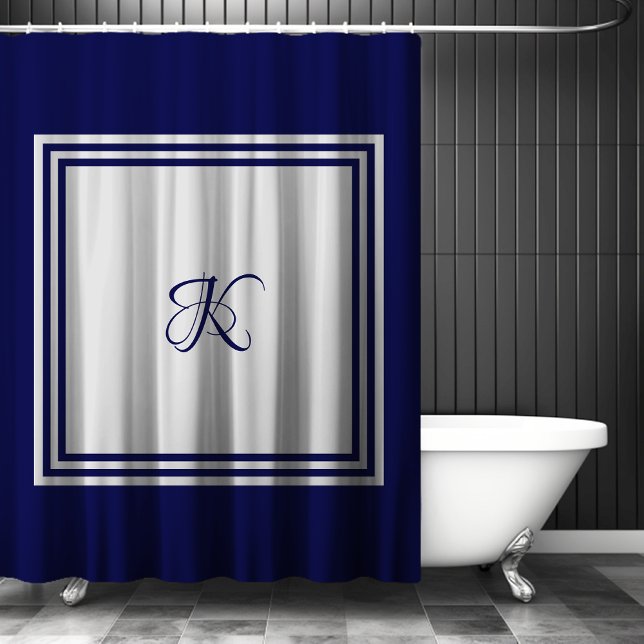 Elegant blue grey square pattern initial monogram shower curtain (Creator Uploaded)