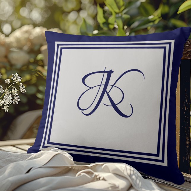 Elegant blue grey square pattern initial monogram throw pillow (Creator Uploaded)