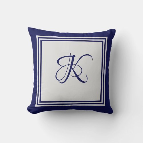 Elegant blue grey square pattern initial monogram throw pillow