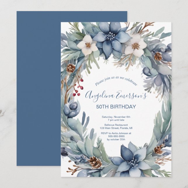 Elegant Blue Grey Winter Birthday Invitation (Front/Back)
