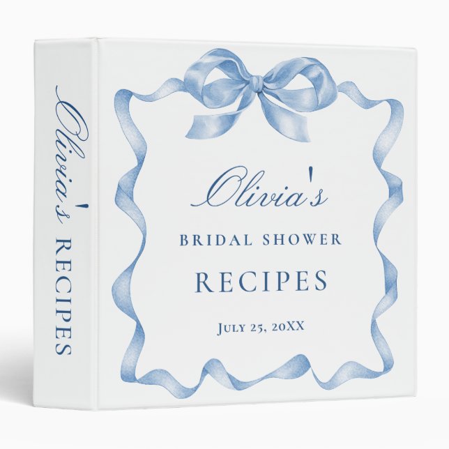 Elegant Blue Hand Drawn Bow Bridal Shower Recipe 3 Ring Binder (Front/Spine)