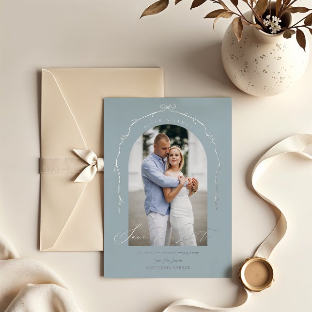 Elegant Blue Hand Drawn Bow Ribbon Save The Date Foil Invitation (Elegant Blue Hand Drawn Bow Ribbon Save The Date Foil Invitation)