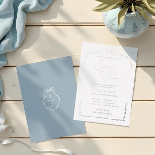 Elegant Blue Hand Drawn Bow & Ribbon Wedding Foil Invitation