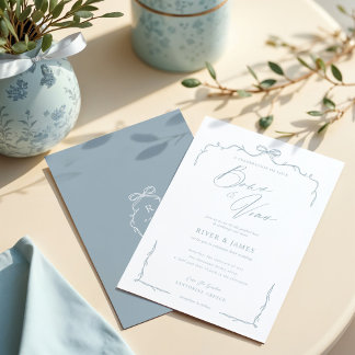 Elegant Blue Hand Drawn Bow & Ribbon Wedding Invitation