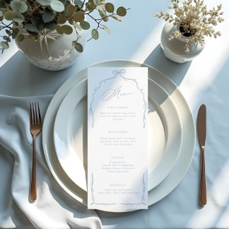 Elegant Blue Hand Drawn Bow & Ribbon Wedding Menu