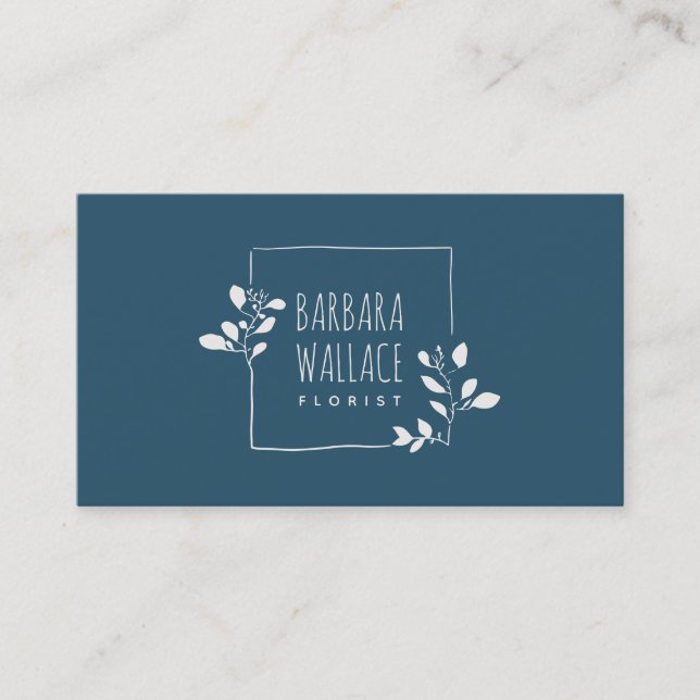 Elegant blue hand drawn floral frame minimalist business card (Front)