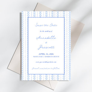 Elegant Blue Hand Drawn Seashell Coastal Wedding Save The Date