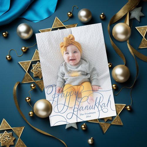 Elegant Blue Hand Lettered Happy Hanukkah Photo Holiday Card