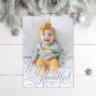Elegant Blue Hand Lettered Happy Hanukkah Photo Holiday Card