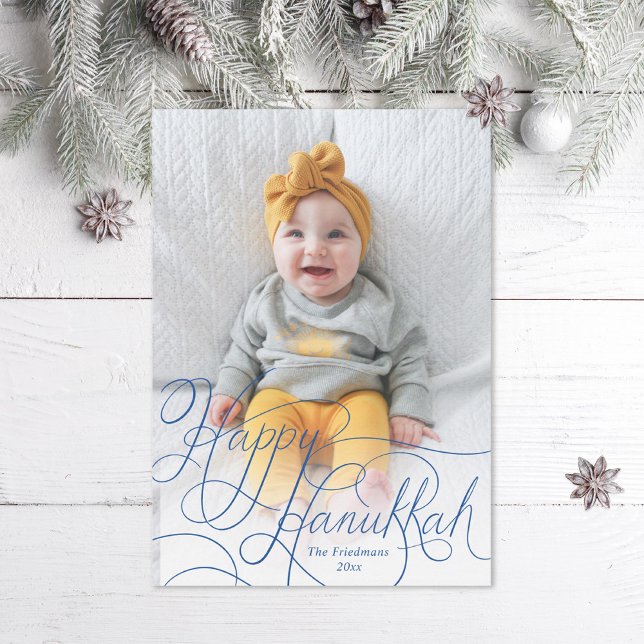Elegant Blue Hand Lettered Happy Hanukkah Photo Holiday Card (Creator Uploaded)