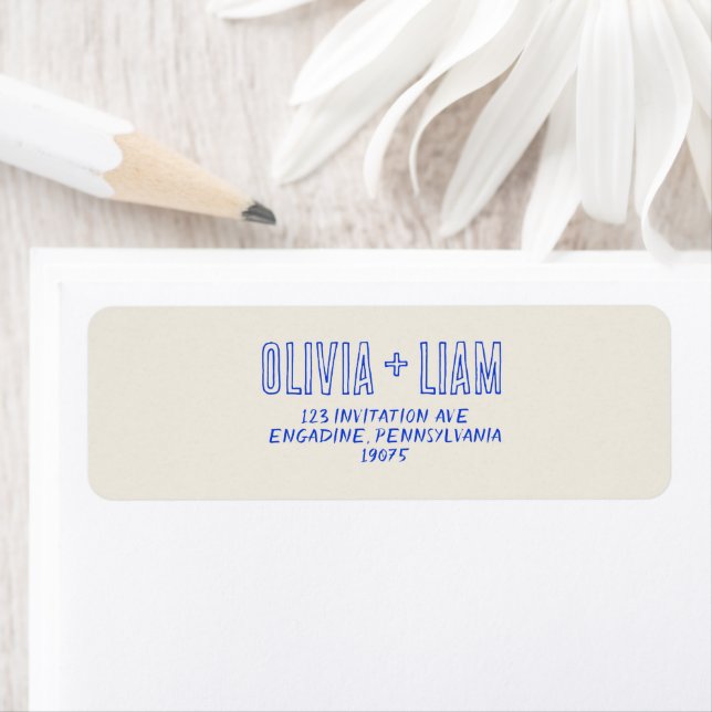 Elegant Blue Hand Written Retro Funky Wedding  Label (Insitu)