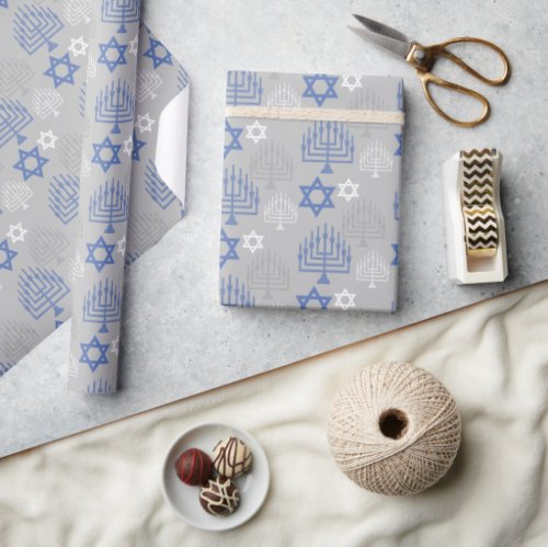 Elegant Blue Hanukkah Holiday Pattern Wrapping Paper