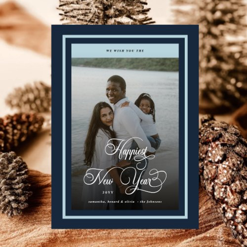 Elegant Blue Happiest New Year 4 Photo Overlay Holiday Card