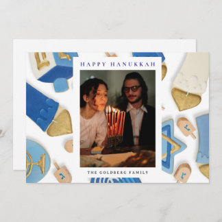 Elegant Blue Happy Hanukkah Family 1 Photo Holiday Card