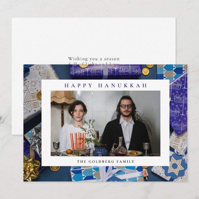 Elegant Blue Happy Hanukkah Family 1 Photo Holiday Card (Front/Back)