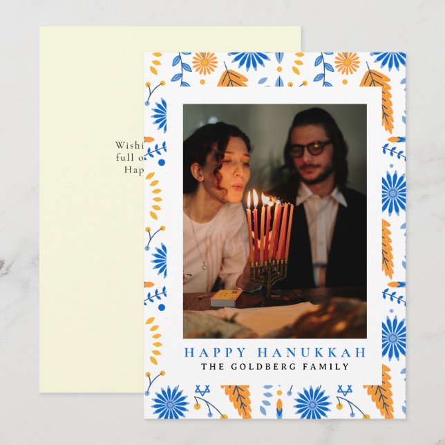 Elegant Blue Happy Hanukkah Family 1 Photo Holiday Card (Front/Back)