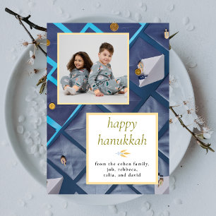Elegant Blue Happy Hanukkah Family 1 Photo Holiday Card