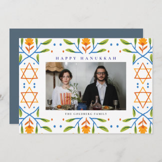 Elegant Blue Happy Hanukkah Family 1 Photo Holiday Card