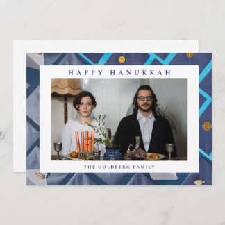 Elegant Blue Happy Hanukkah Family 1 Photo Holiday Card