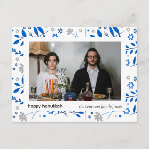 Elegant Blue Happy Hanukkah Family 1 Photo Holiday Postcard