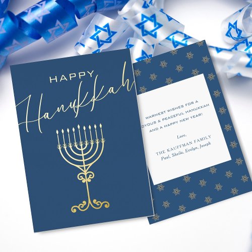 Elegant Blue Happy Hanukkah Menorah Gold Foil Holiday Card