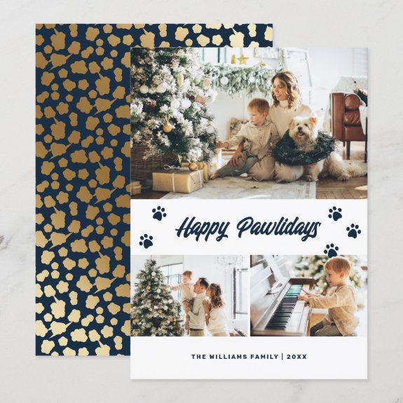 Elegant Blue Happy Pawlidays Gold Stars Photo Christmas Card