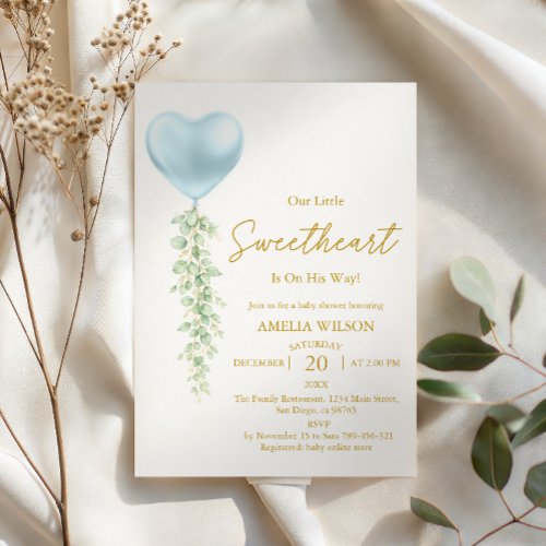 Elegant Blue Heart Balloon Sweetheart Baby Shower Invitation