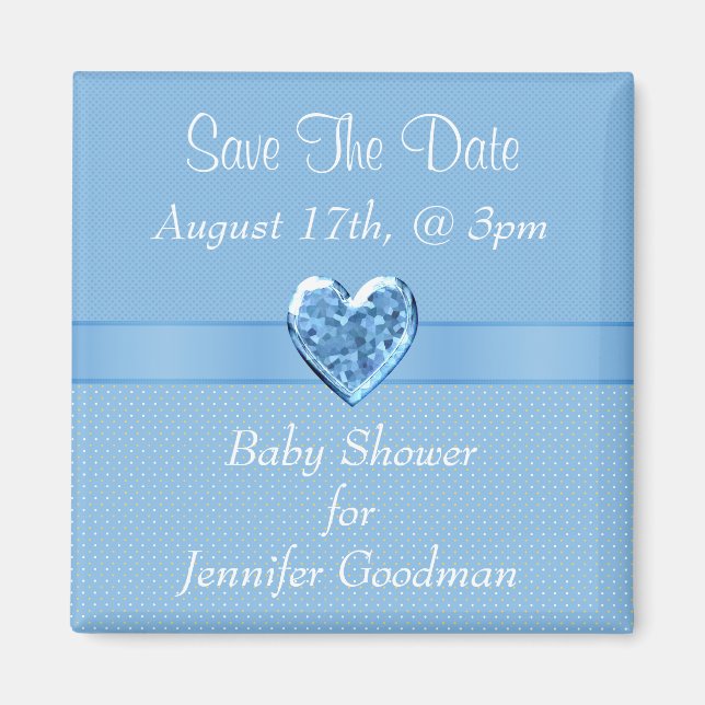 Elegant Blue Heart Jewel Save The Date Baby Shower Magnet (Front)