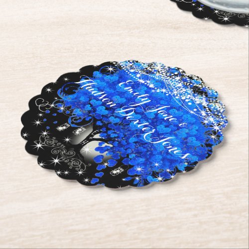 Elegant Blue Heart Leaf Tree Wedding   Paper Coaster