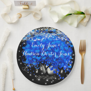 Elegant Blue Heart Leaf Tree Wedding  Paper Plates