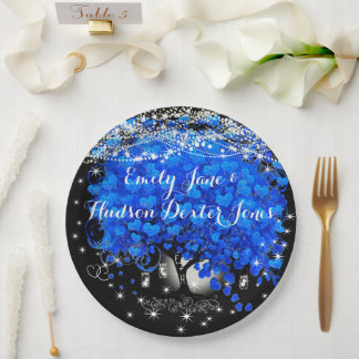 Elegant Blue Heart Leaf Tree Wedding Paper Plates