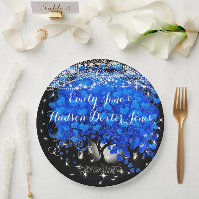 Elegant Blue Heart Leaf Tree Wedding  Paper Plates (Wedding)
