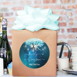 Elegant Blue Heart Leaf Tree Wedding SAVE THE DATE Classic Round Sticker