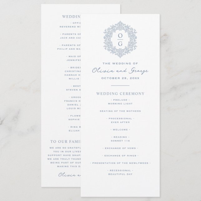 Elegant Blue Heirloom Wedding Program (Front/Back)