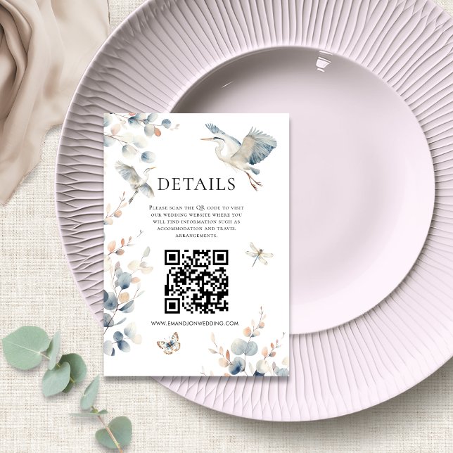 Elegant Blue Heron QR code Wedding Details Enclosure Card (Creator Uploaded)