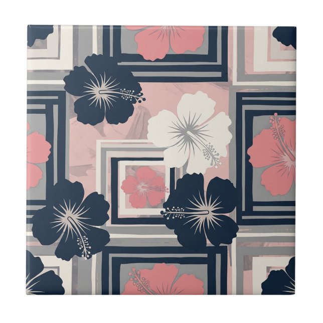 Elegant Blue Hibiscus Floral Pattern (10) Ceramic Tile (Front)