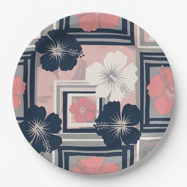 Elegant Blue Hibiscus Floral Pattern (10) Paper Plates (Front)