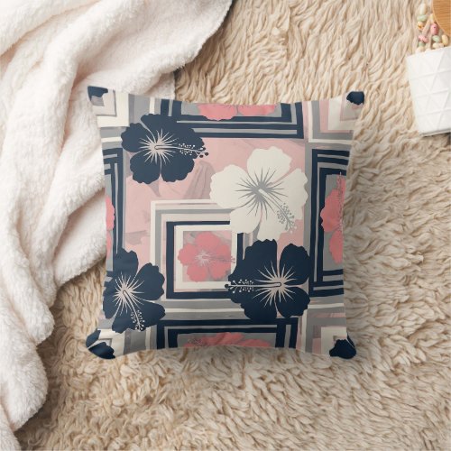 Elegant Blue Hibiscus Floral Pattern (10) Throw Pillow