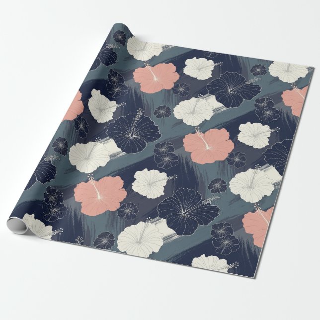 Elegant Blue Hibiscus Floral Pattern (10) Wrapping Paper (Unrolled)
