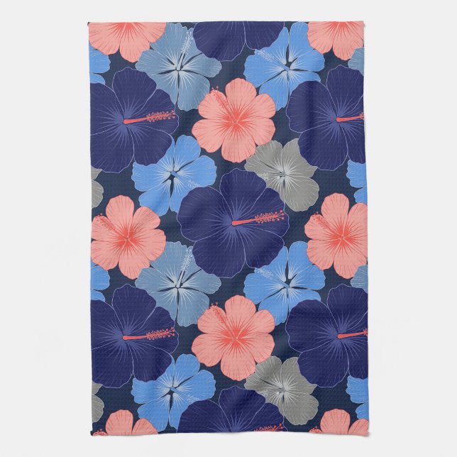 Elegant Blue Hibiscus Floral Pattern (11) Kitchen Towel (Vertical)