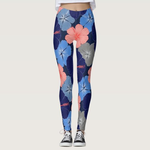Elegant Blue Hibiscus Floral Pattern (11) Leggings