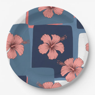 Elegant Blue Hibiscus Floral Pattern (11) Paper Plates