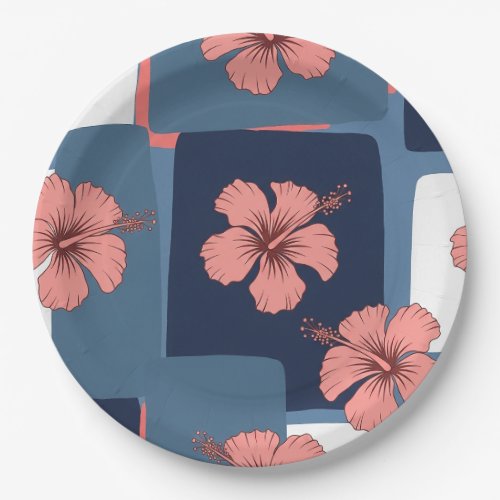 Elegant Blue Hibiscus Floral Pattern (11) Paper Plates