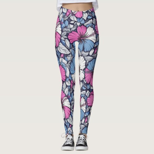 Elegant Blue Hibiscus Floral Pattern (12) Leggings