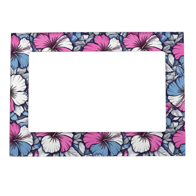 Elegant Blue Hibiscus Floral Pattern (12) Magnetic Frame (Front)