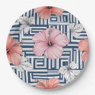 Elegant Blue Hibiscus Floral Pattern (12) Paper Plates