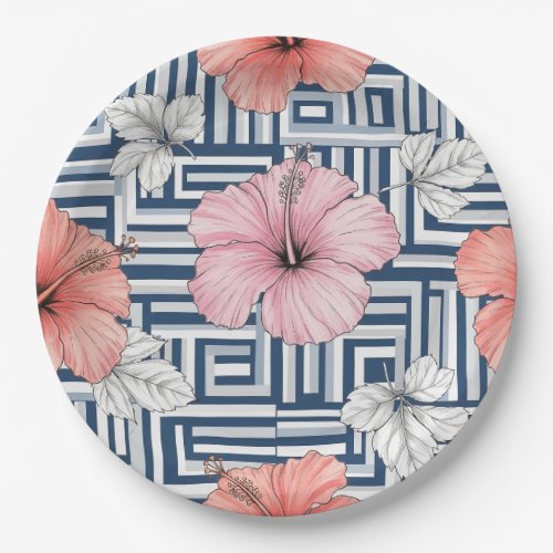 Elegant Blue Hibiscus Floral Pattern (12) Paper Plates