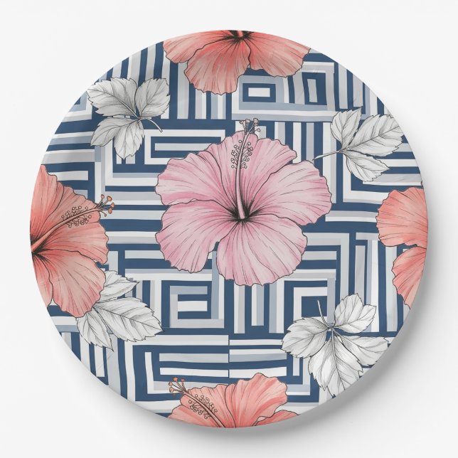 Elegant Blue Hibiscus Floral Pattern (12) Paper Plates (Front)